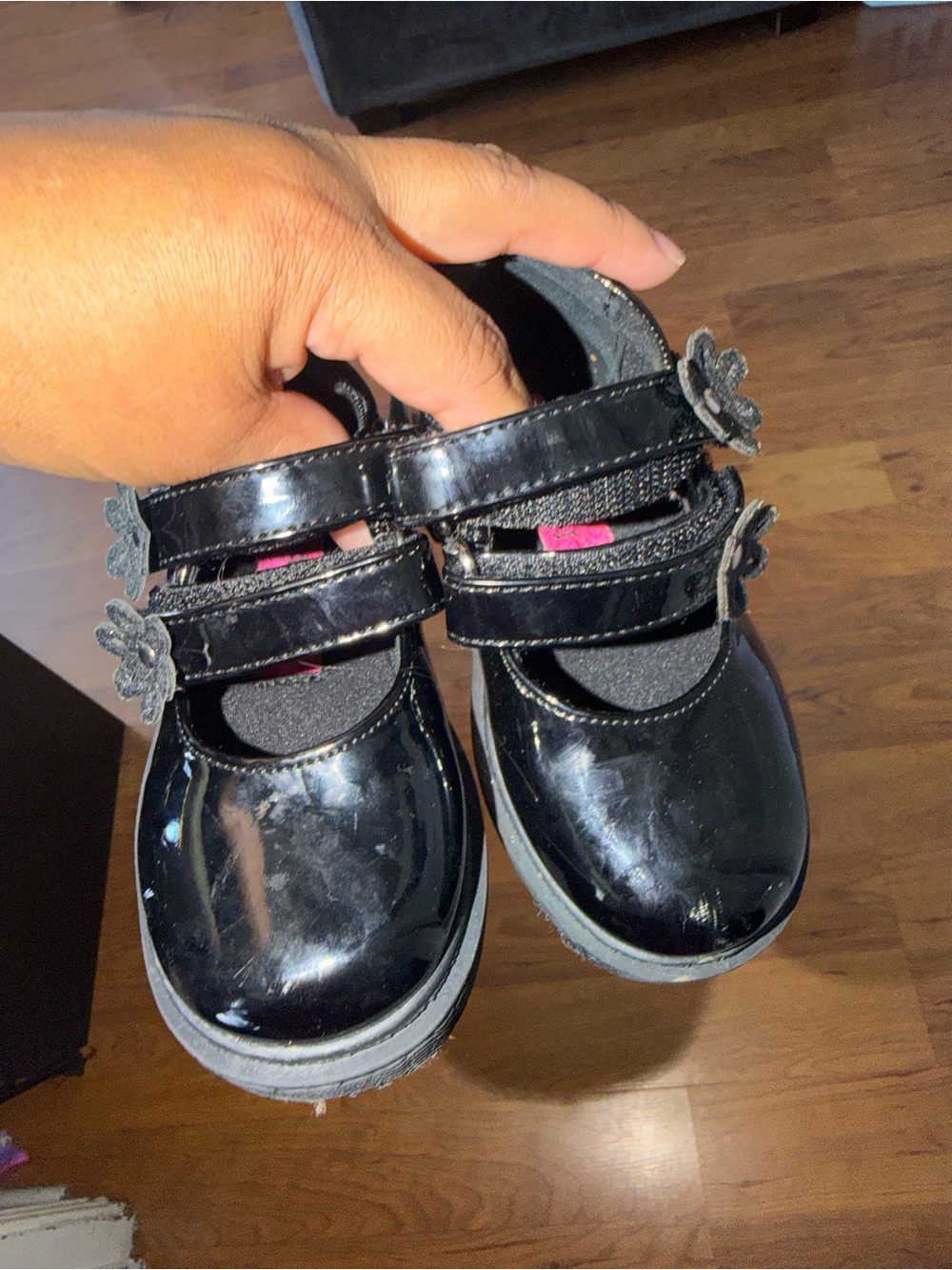 Girls Black Patent Mary Jane Shoes with Floral Accent